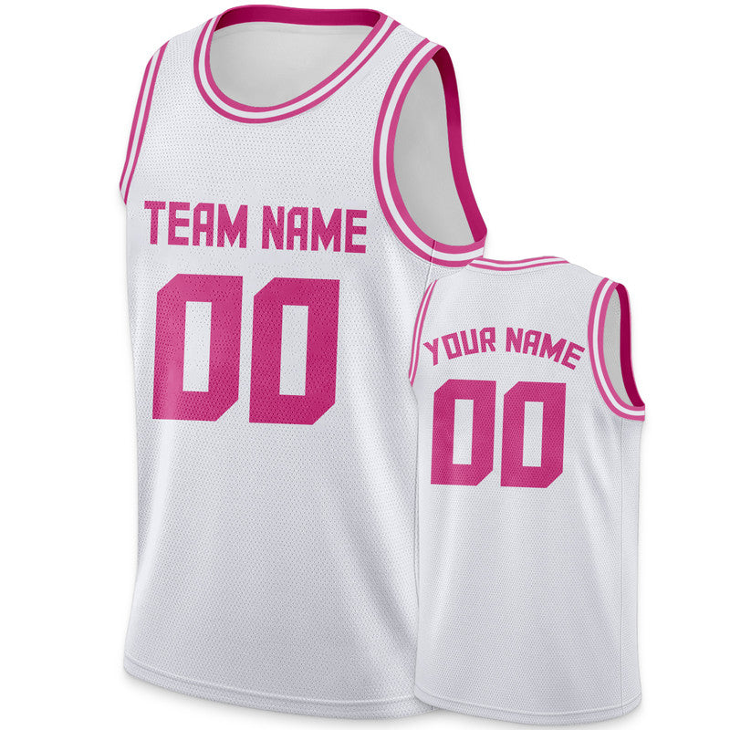 Custom White Pink Round Neck Rib-Knit Basketball Jersey